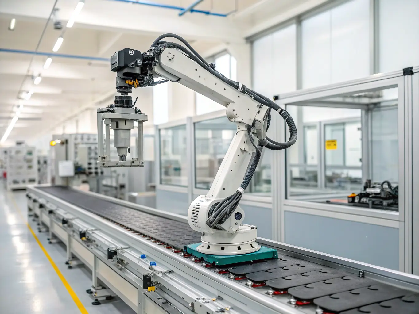 A visual of robotic arms working alongside human operators in a high-tech manufacturing environment, representing Adaptive Automation.