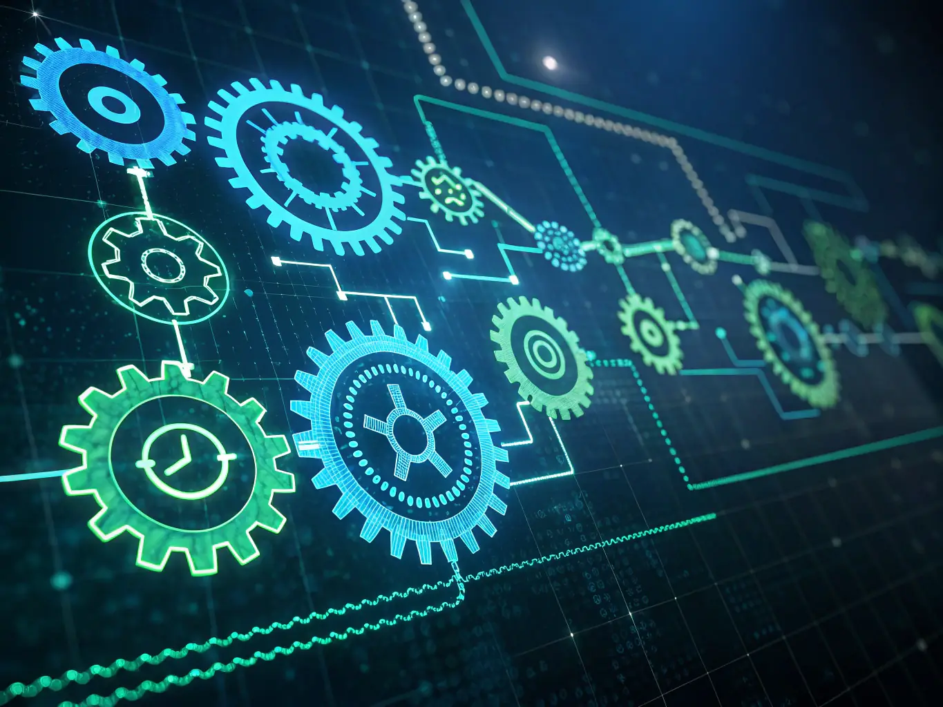 A dynamic graphic showing automated processes streamlining workflows, representing Adaptive Automation's efficiency and cost savings.