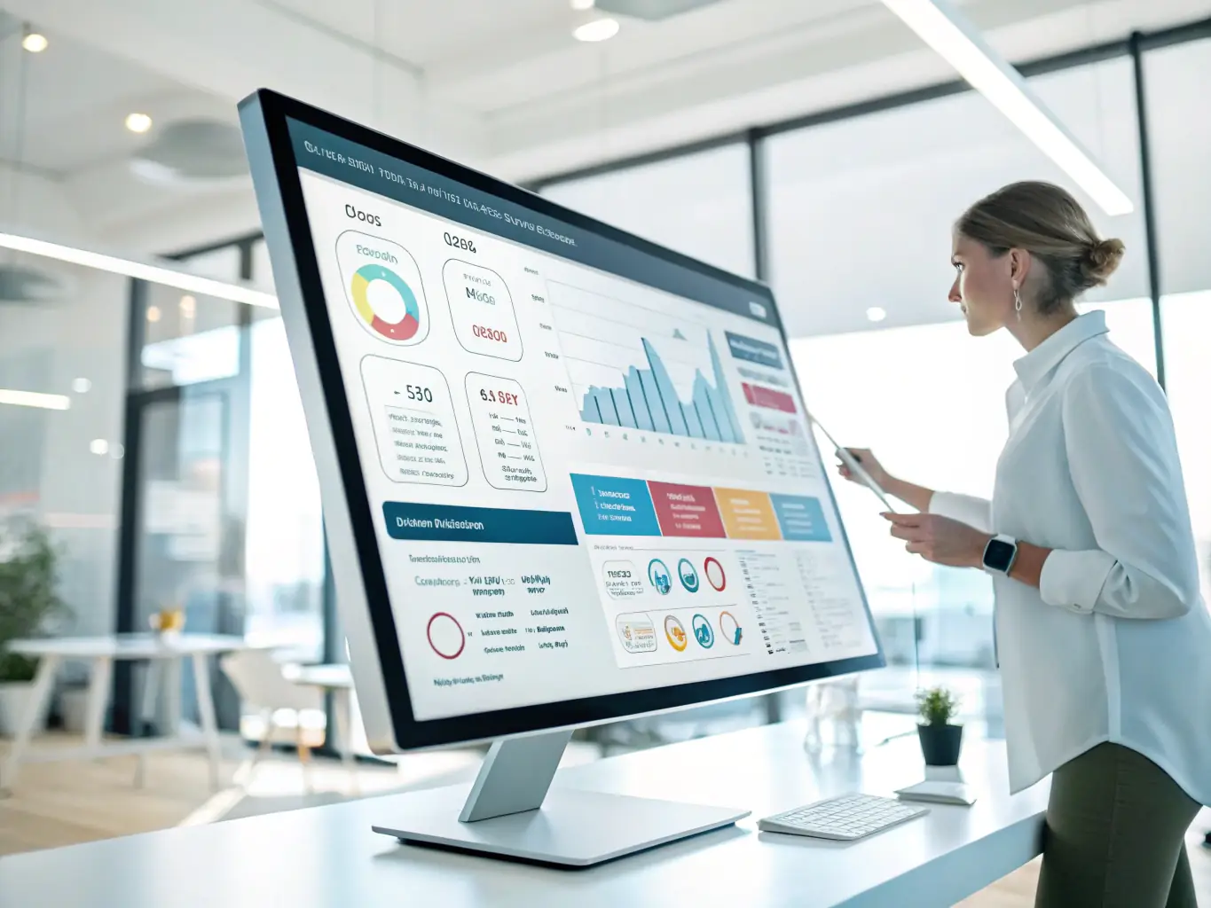 A futuristic interface displaying AGI capabilities, such as advanced problem-solving and decision-making, highlighting the practical applications of Connectech Group's AGI solutions.